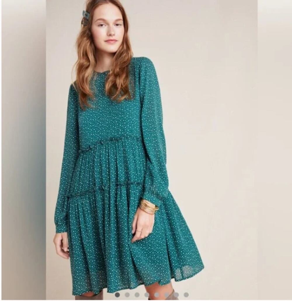 Maeve Anthropologie Green Polka Dot Esther Tiered Mini Tunic Dress Size Small